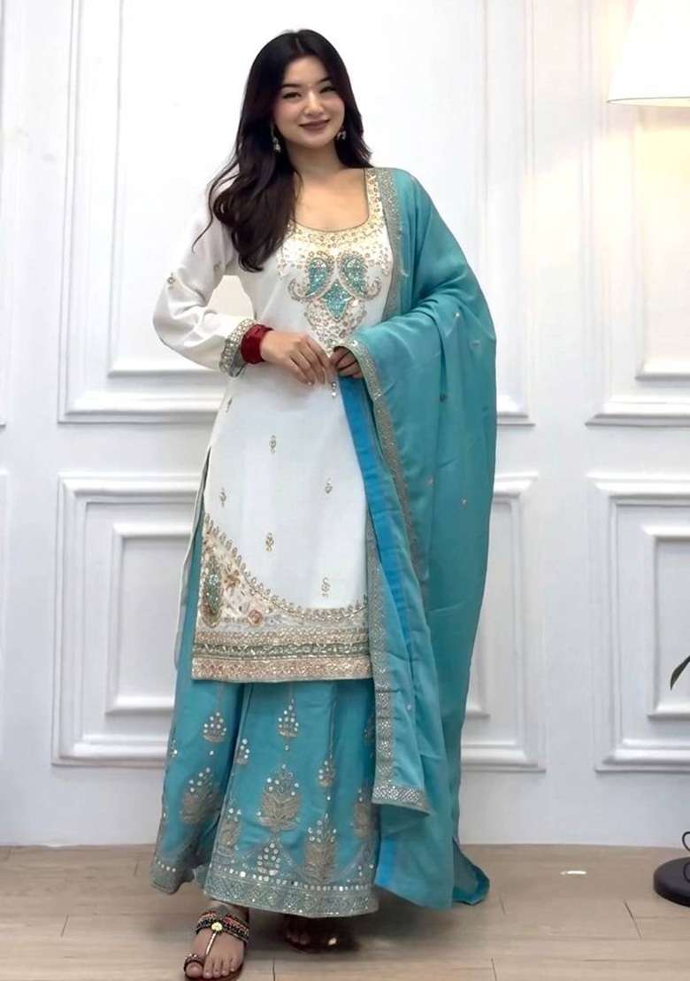 Teal Blue Embroidery Silk Palazzo Set - Indya