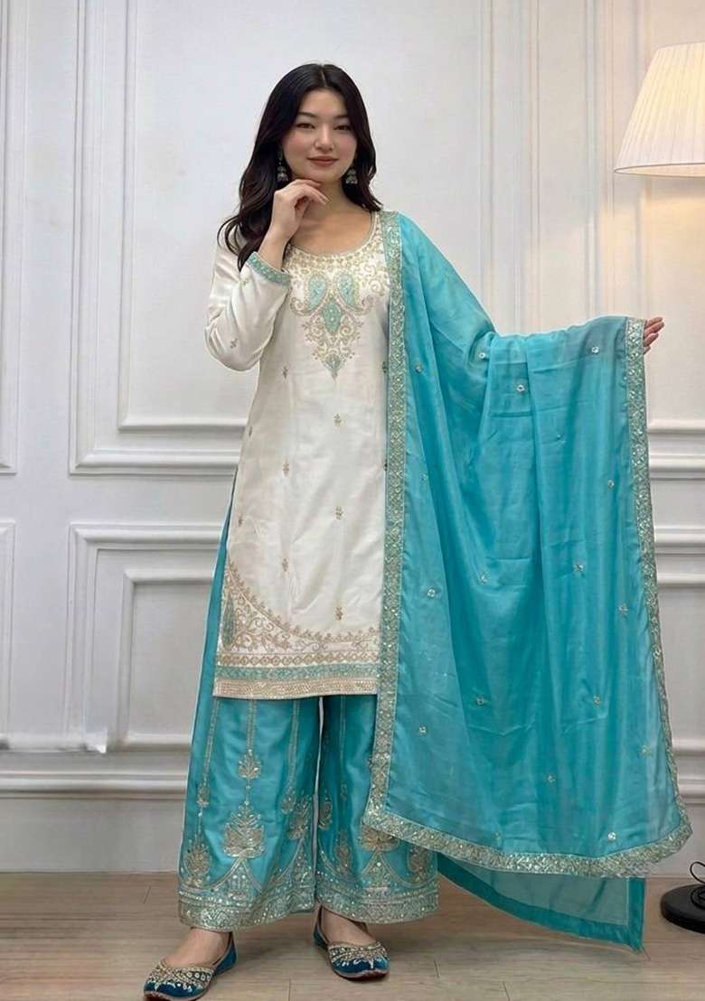 Teal Blue Embroidery Silk Palazzo Set - Indya