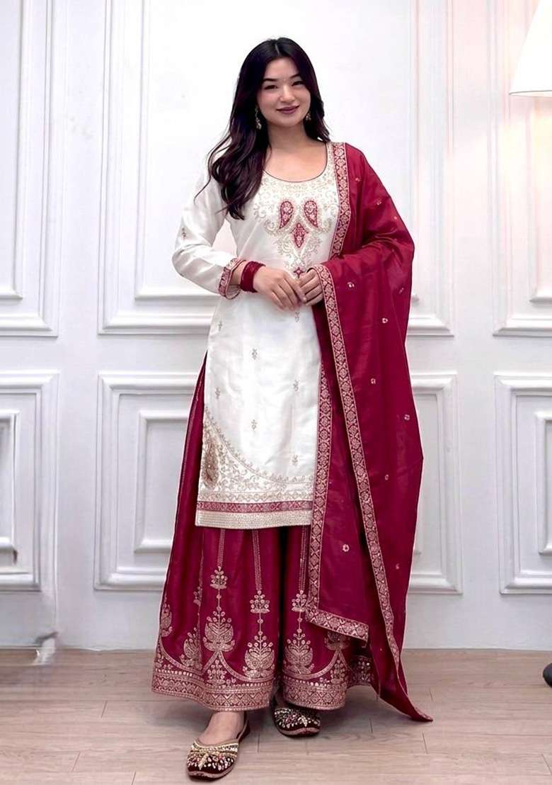 Crimson Red Embroidery Silk Palazzo Set - Indya