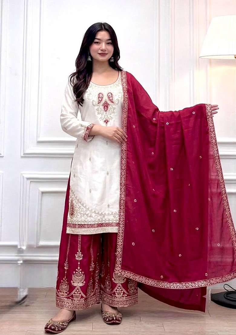 Crimson Red Embroidery Silk Palazzo Set - Indya
