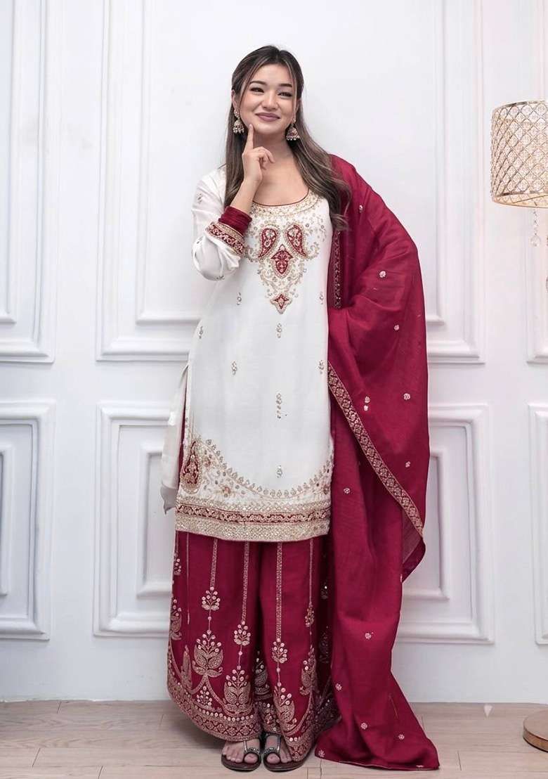 Crimson Red Embroidery Silk Palazzo Set - Indya