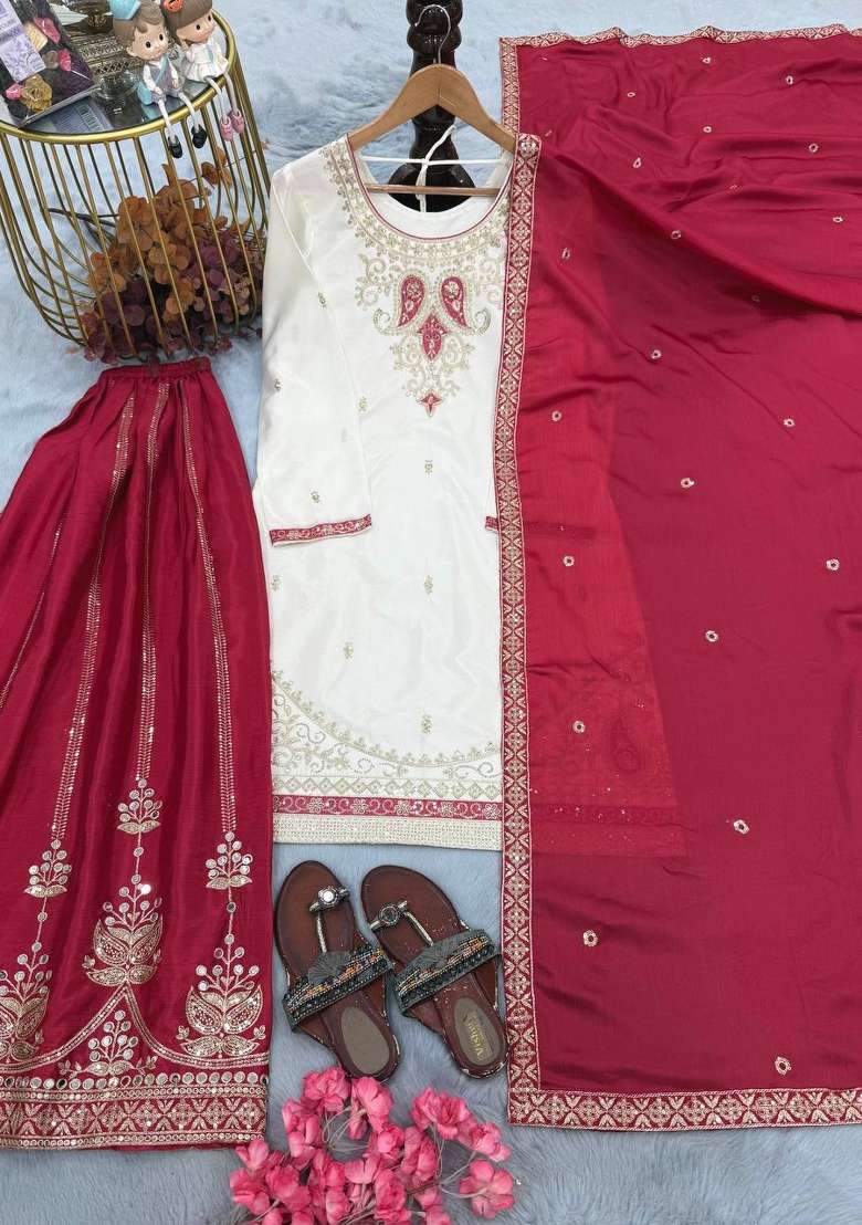 Crimson Red Embroidery Silk Palazzo Set - Indya