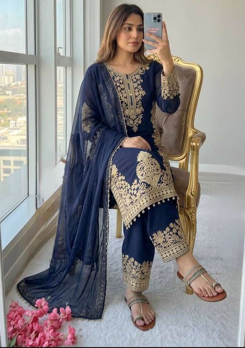 Navy Blue Embroidery Georgette Palazzo Set - Indya
