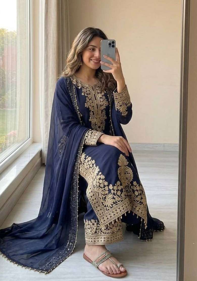 Navy Blue Embroidery Georgette Palazzo Set - Indya