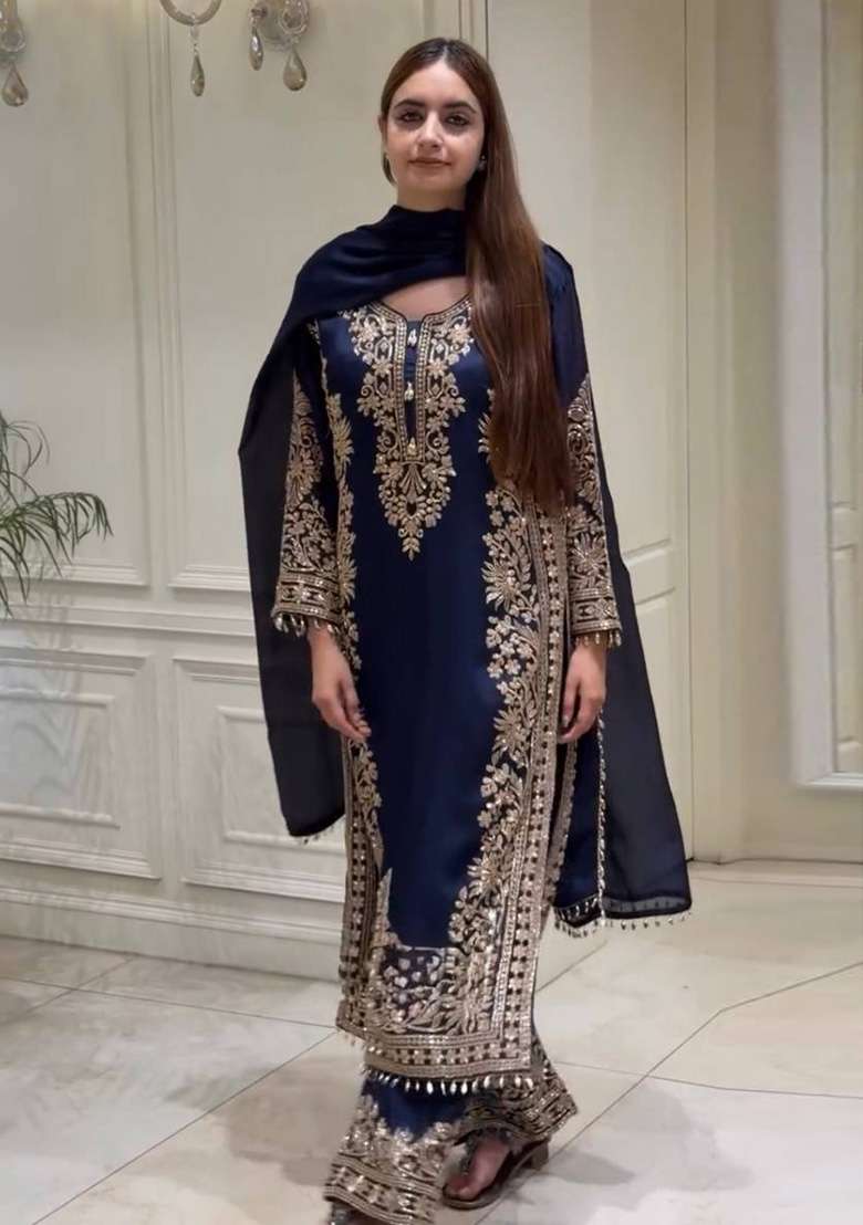 Navy Blue Embroidery Georgette Palazzo Set - Indya