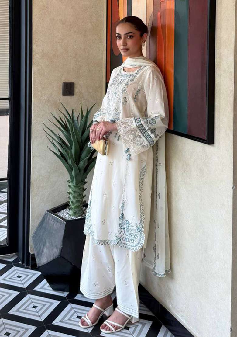Off White Embroidery Satin Palazzo Set - Indya
