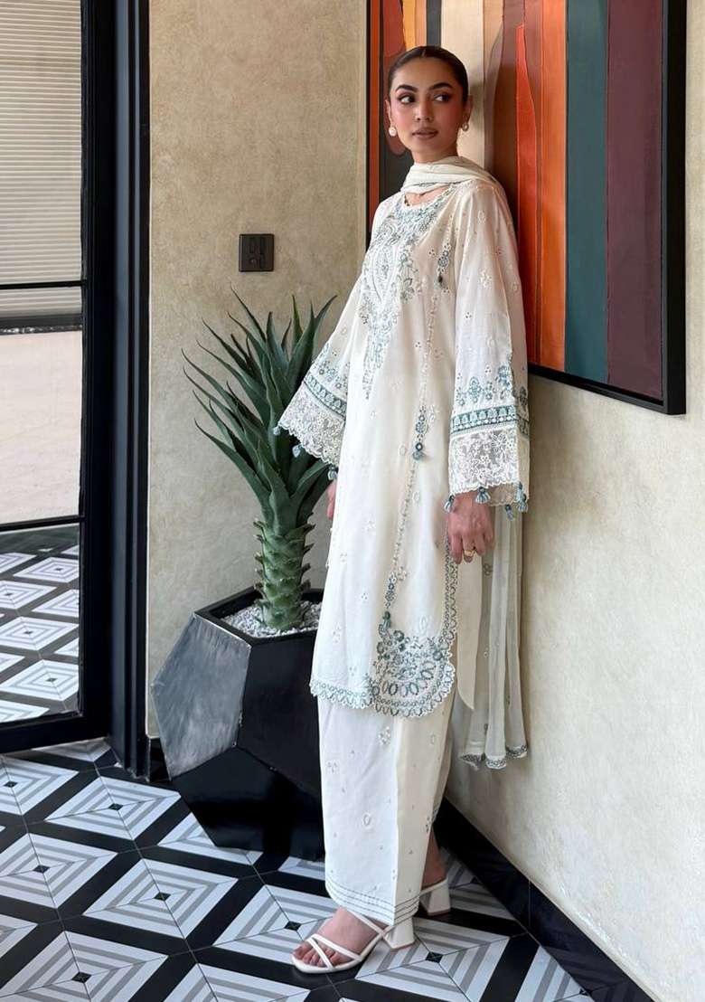 Off White Embroidery Satin Palazzo Set - Indya