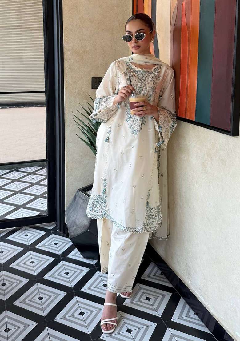 Off White Embroidery Satin Palazzo Set - Indya