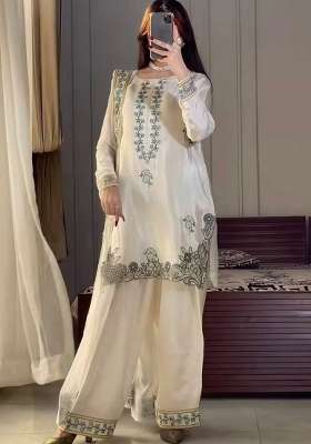 Off White Embroidery Silk Kurta Set
