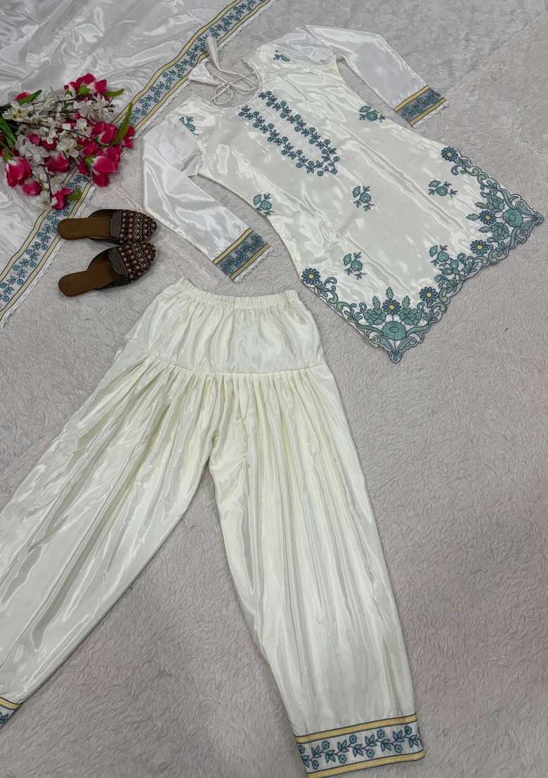 Off White Embroidery Silk Kurta Set - Indya