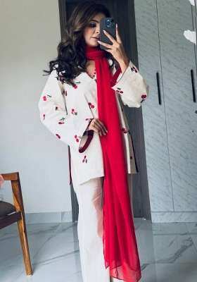 White And Red Embroidery Cotton Palazzo Set