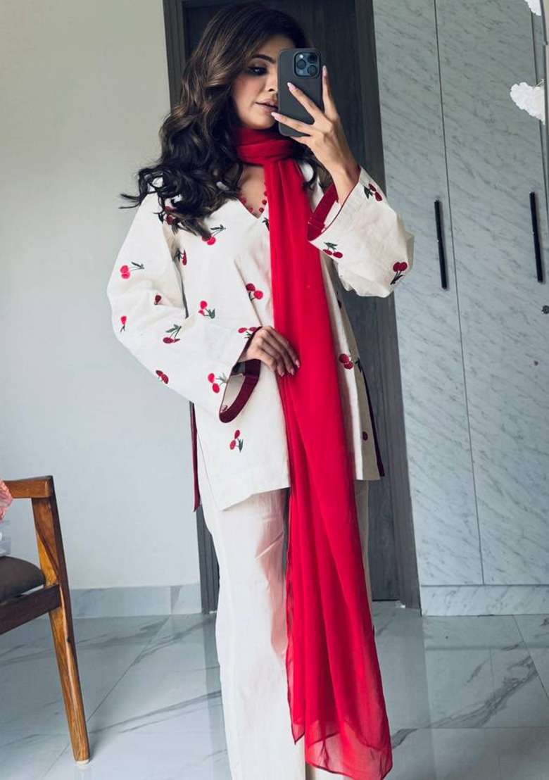 White And Red Embroidery Cotton Palazzo Set - Indya