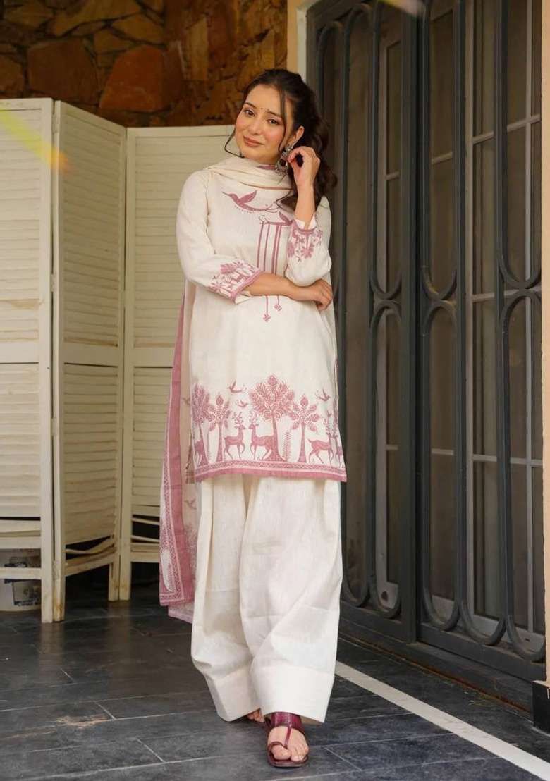 Off White Printed Cotton Kurta Set - Indya