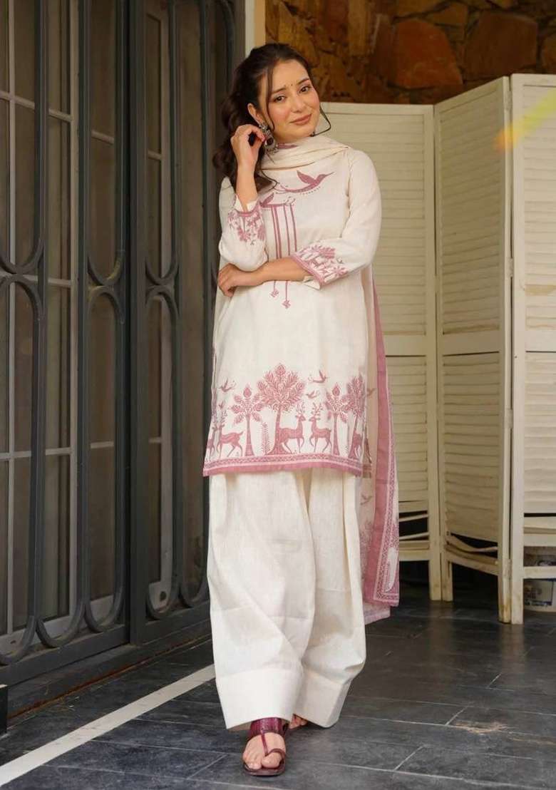 Off White Printed Cotton Kurta Set - Indya