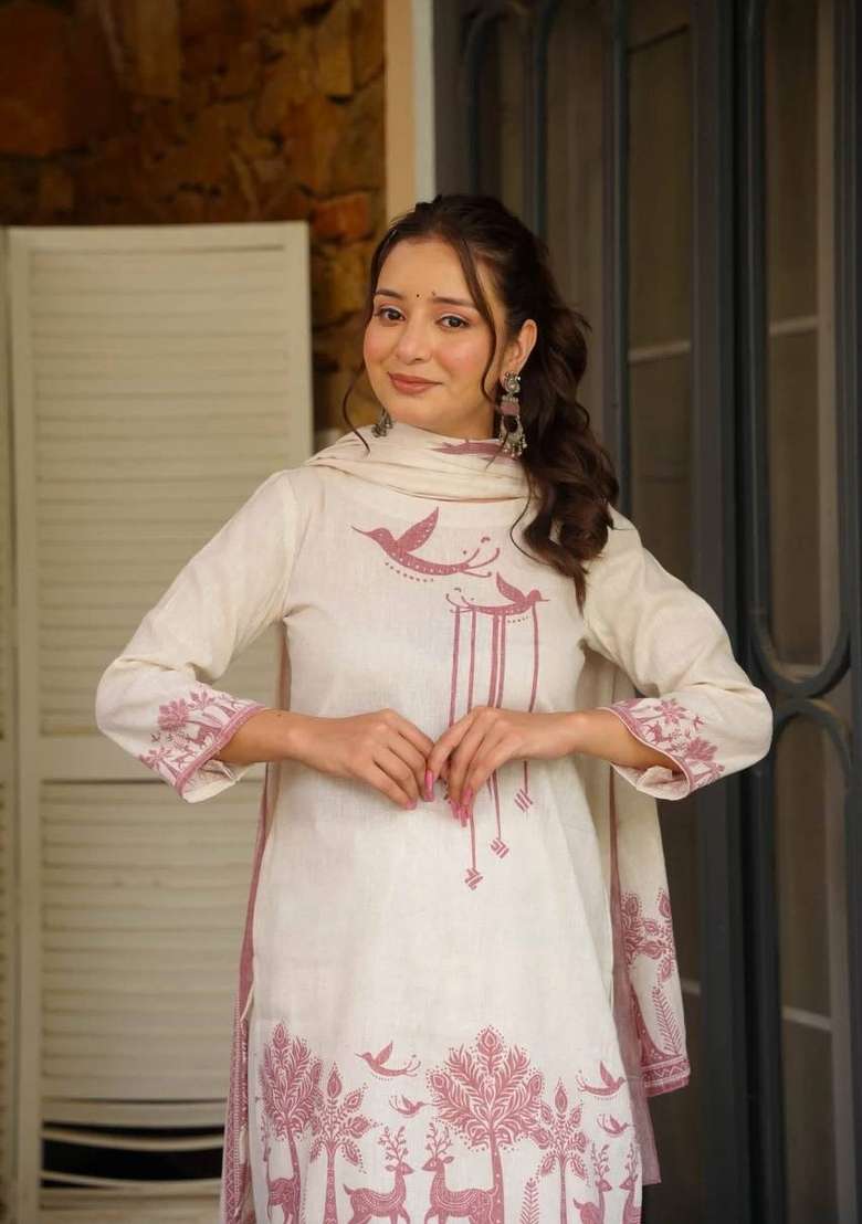 Off White Printed Cotton Kurta Set - Indya