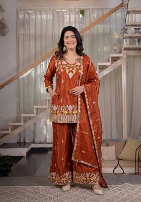 Rust Orange Embroidery Silk Palazzo Set