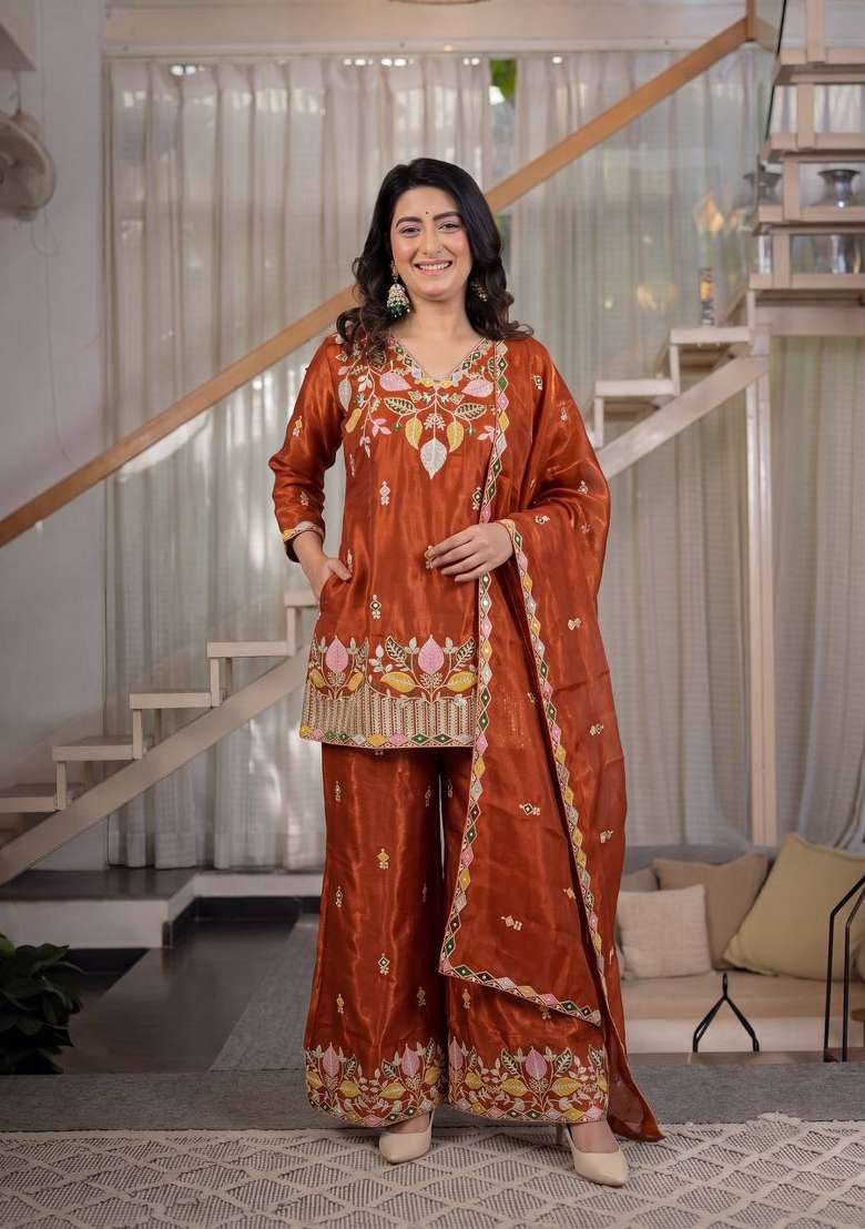 Rust Orange Embroidery Silk Palazzo Set - Indya