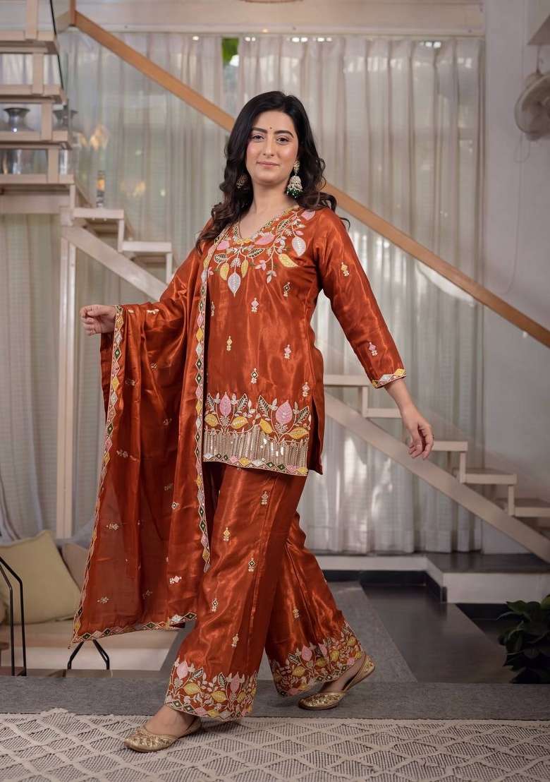 Rust Orange Embroidery Silk Palazzo Set - Indya