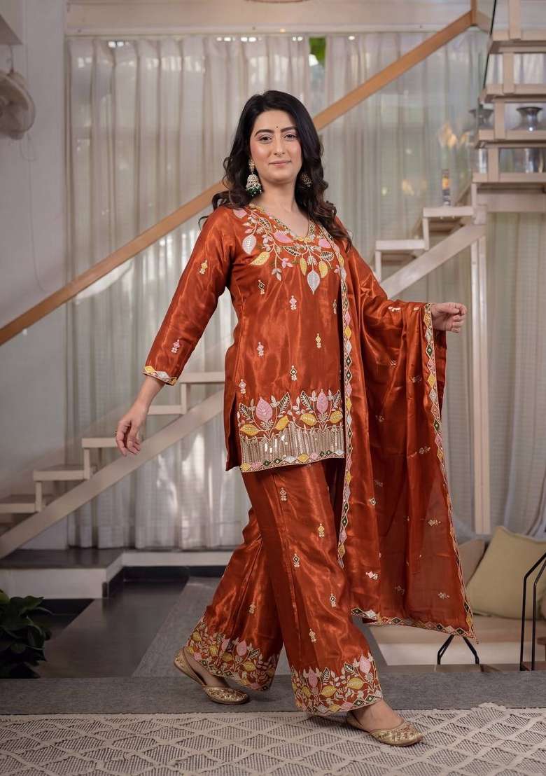 Rust Orange Embroidery Silk Palazzo Set - Indya