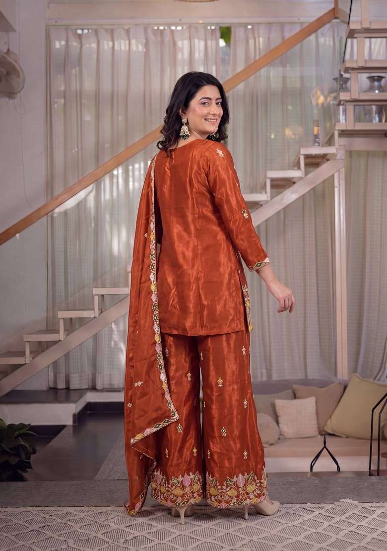 Rust Orange Embroidery Silk Palazzo Set - Indya
