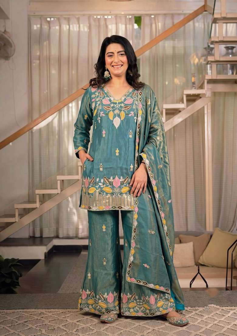 Teal Blue Embroidery Silk Palazzo Set - Indya
