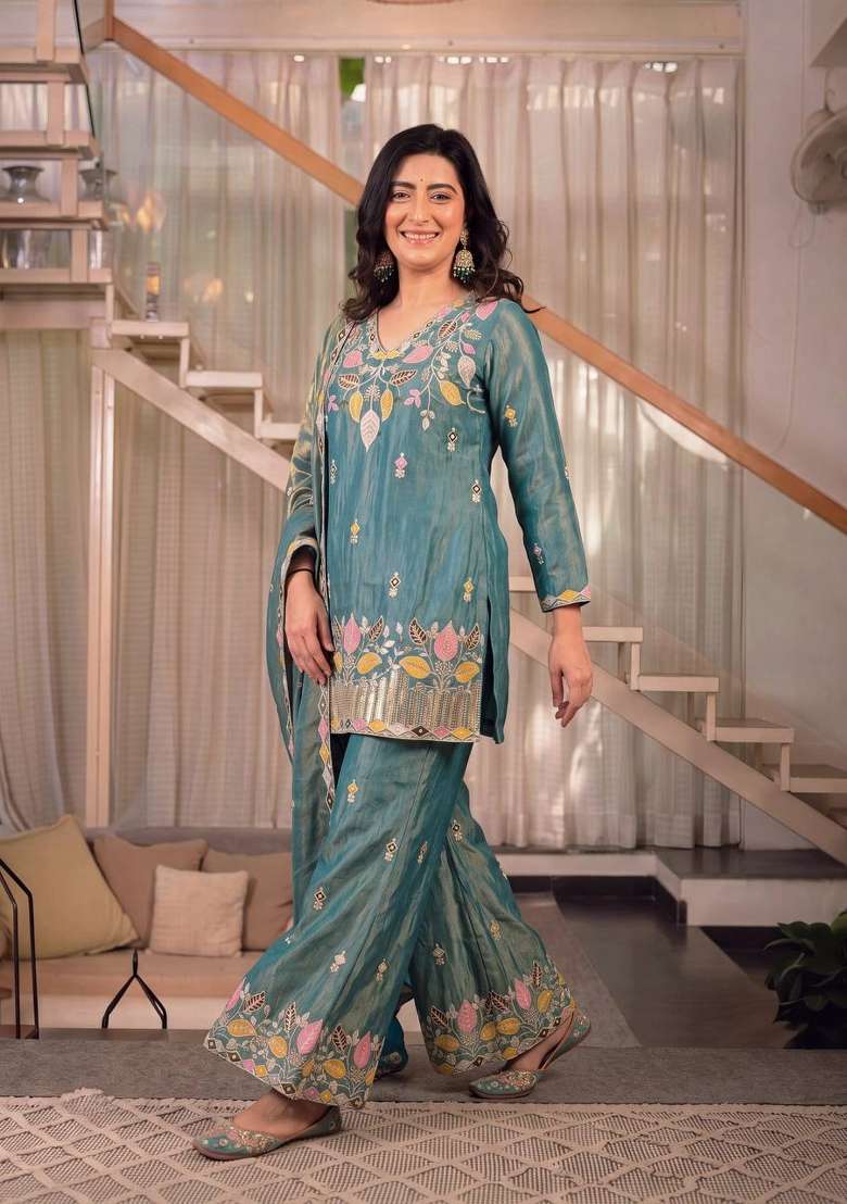 Teal Blue Embroidery Silk Palazzo Set - Indya