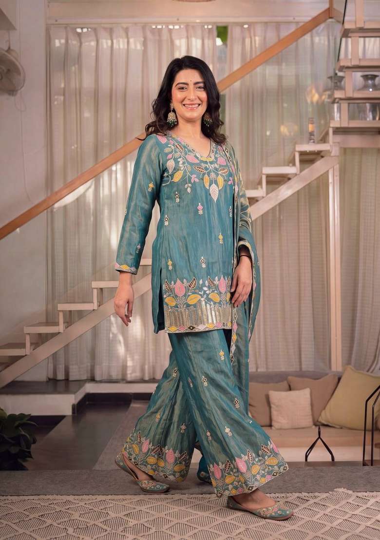 Teal Blue Embroidery Silk Palazzo Set - Indya