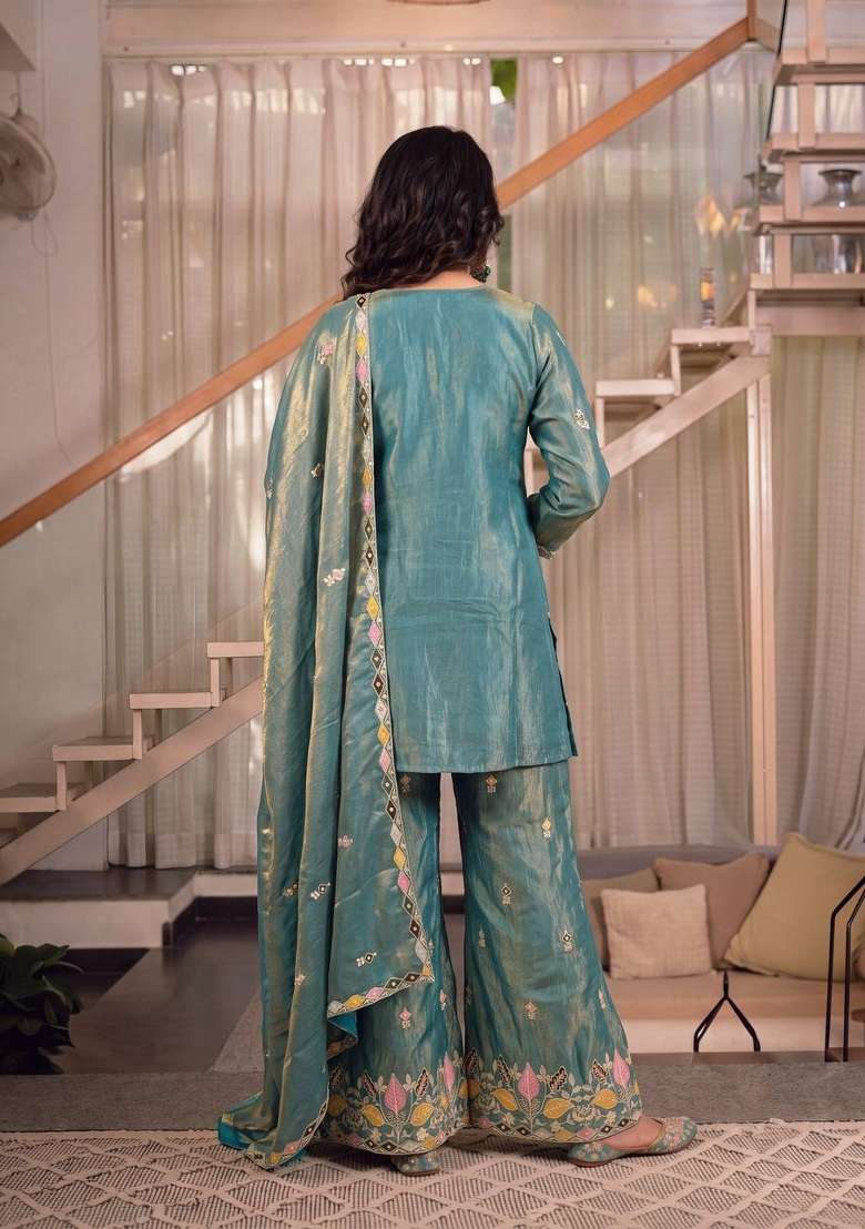 Teal Blue Embroidery Silk Palazzo Set - Indya