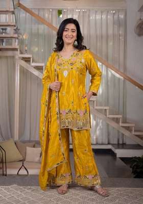 Mustard Yellow Embroidery Silk Palazzo Set