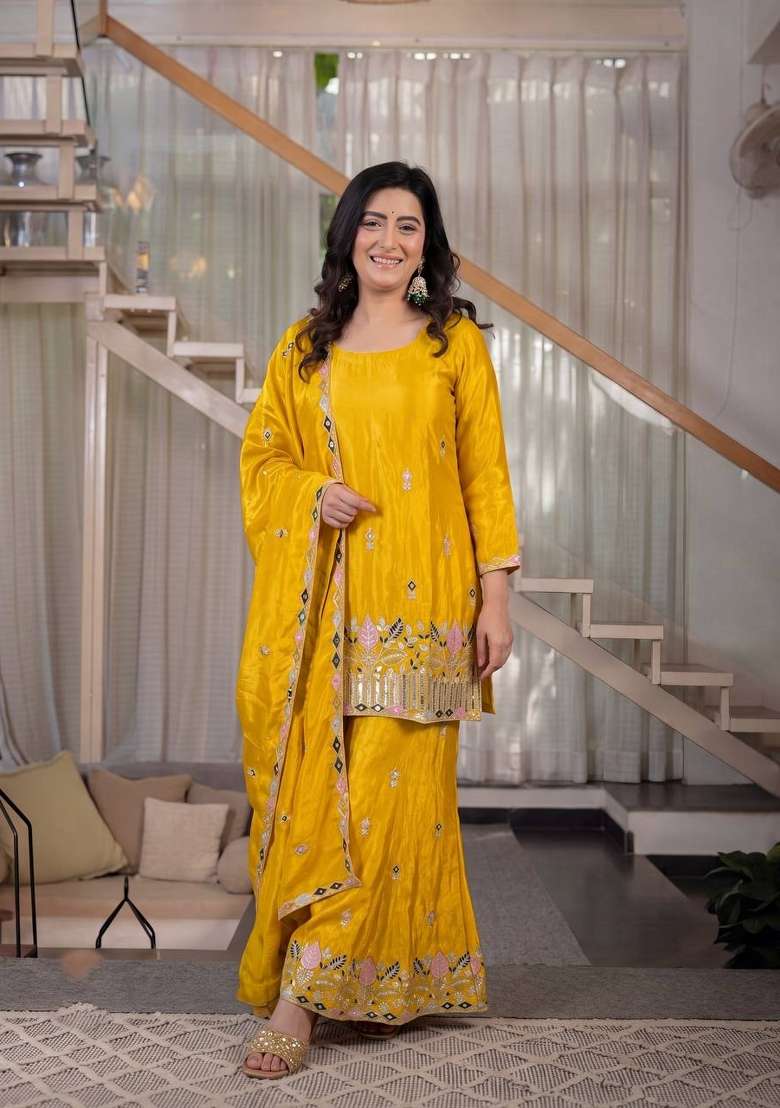 Mustard Yellow Embroidery Silk Palazzo Set - Indya