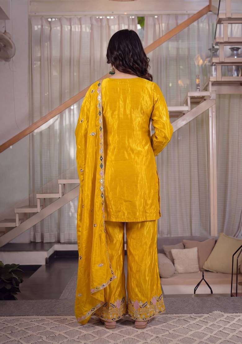 Mustard Yellow Embroidery Silk Palazzo Set - Indya