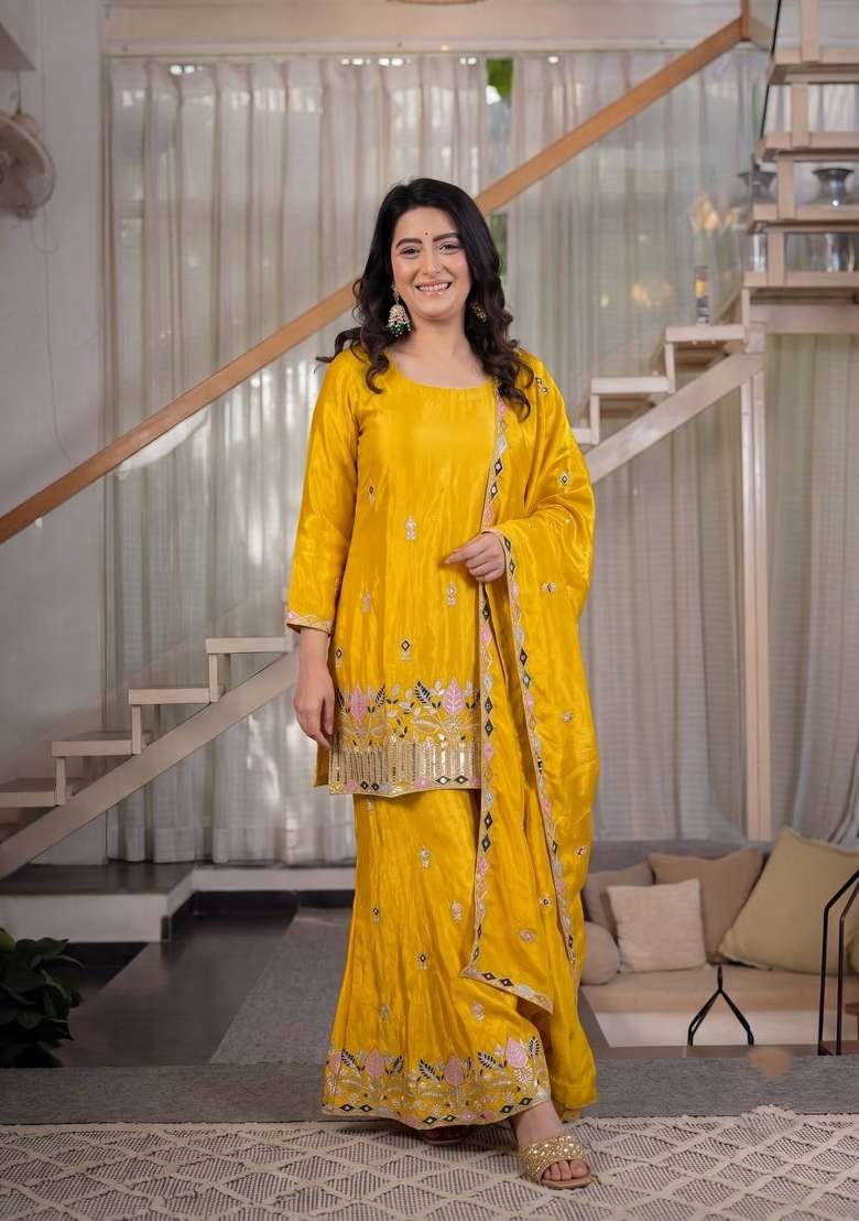 Mustard Yellow Embroidery Silk Palazzo Set - Indya
