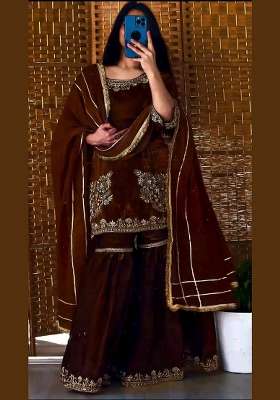 Dark Brown Embroidery Crepe Sharara Set
