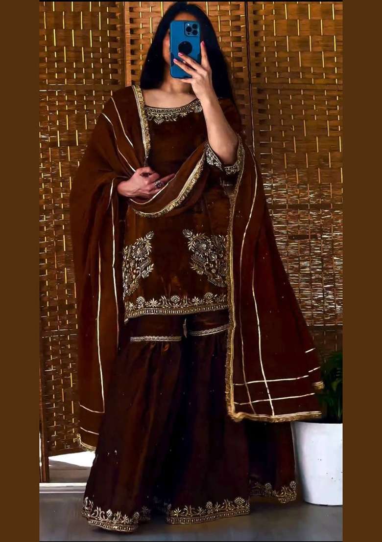 Dark Brown Embroidery Crepe Sharara Set - Indya