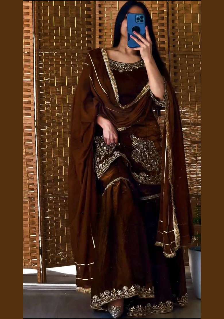 Dark Brown Embroidery Crepe Sharara Set - Indya