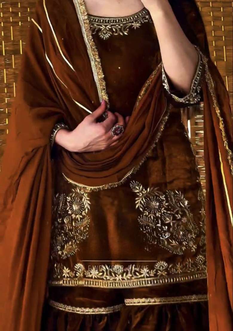 Dark Brown Embroidery Crepe Sharara Set - Indya