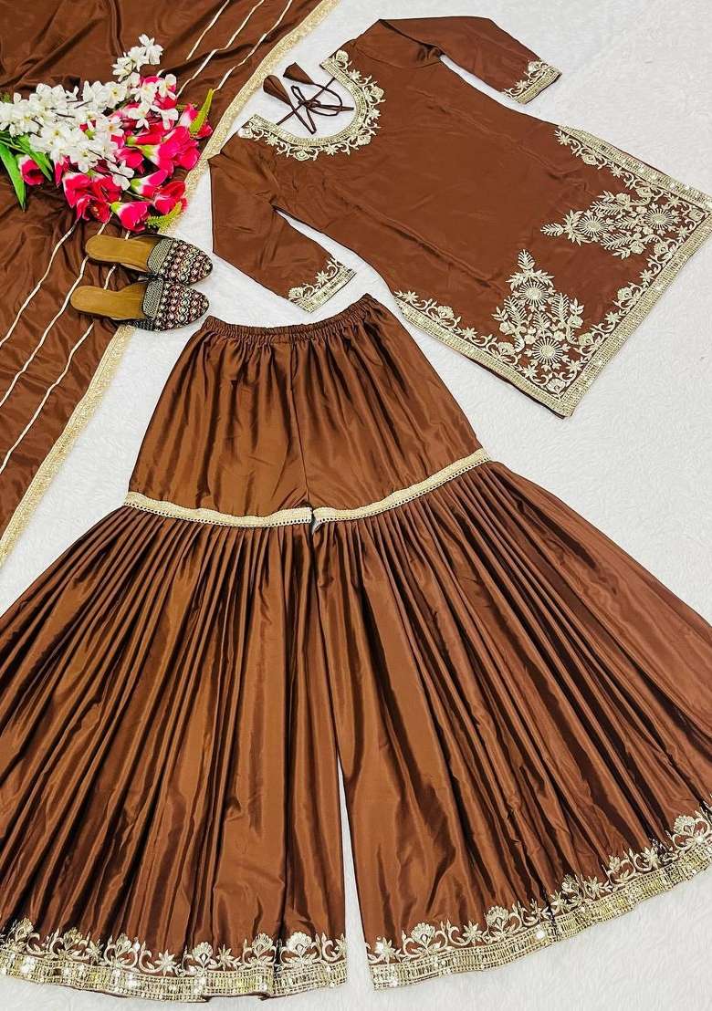Dark Brown Embroidery Crepe Sharara Set - Indya