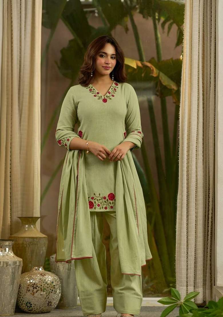 Olive Green Embroidery Cotton Kurta Set - Indya