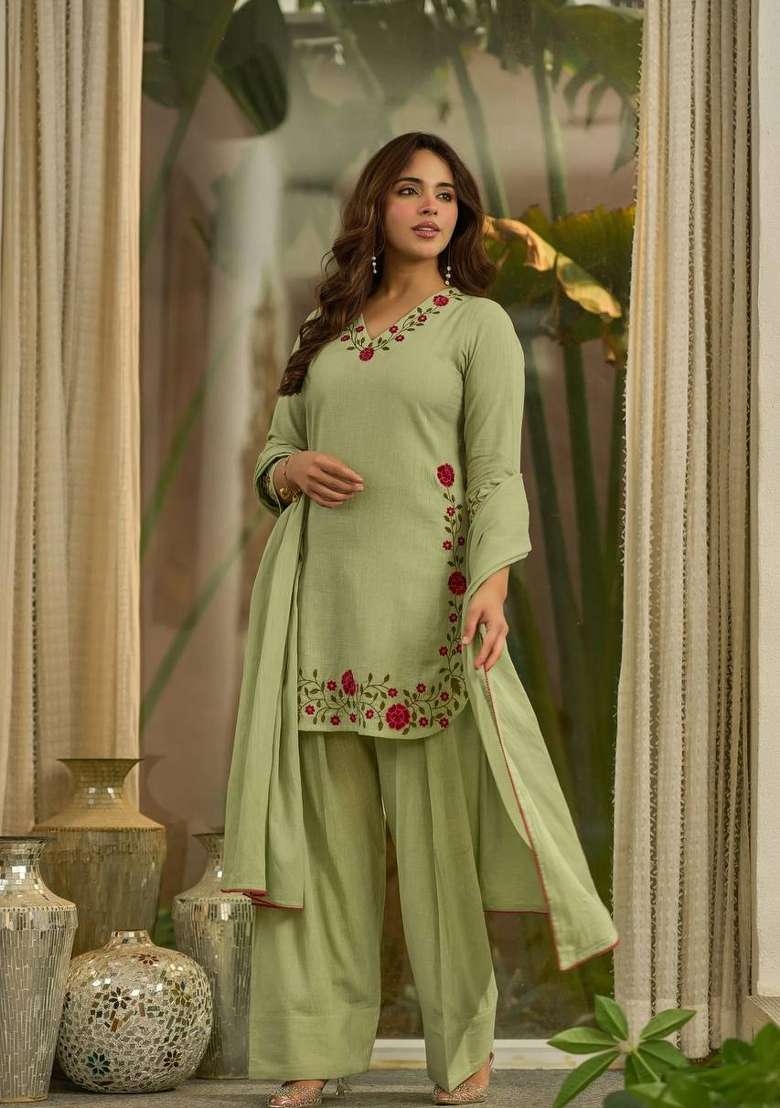 Olive Green Embroidery Cotton Kurta Set - Indya