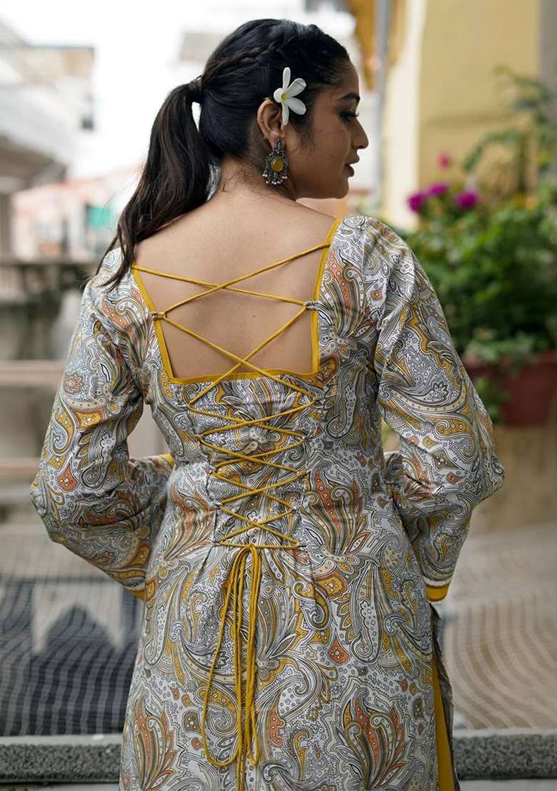 Mustard Yellow And Olive Green Printed Crepe Kurta Set - Indya