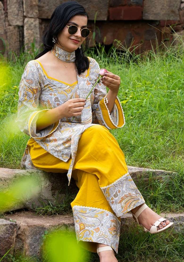 Mustard Yellow And Olive Green Printed Crepe Kurta Set - Indya
