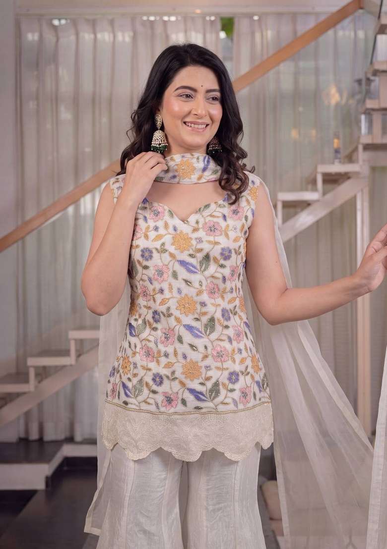 Off White Embroidery Fendi Sharara Set - Indya