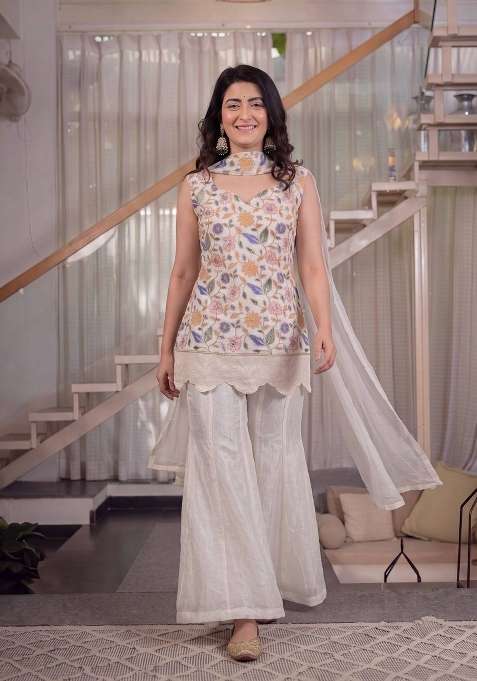 Off White Embroidery Fendi Sharara Set
