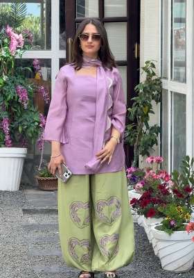 Lavender And Light Sage Green Embroidery Cotton Kurta Set