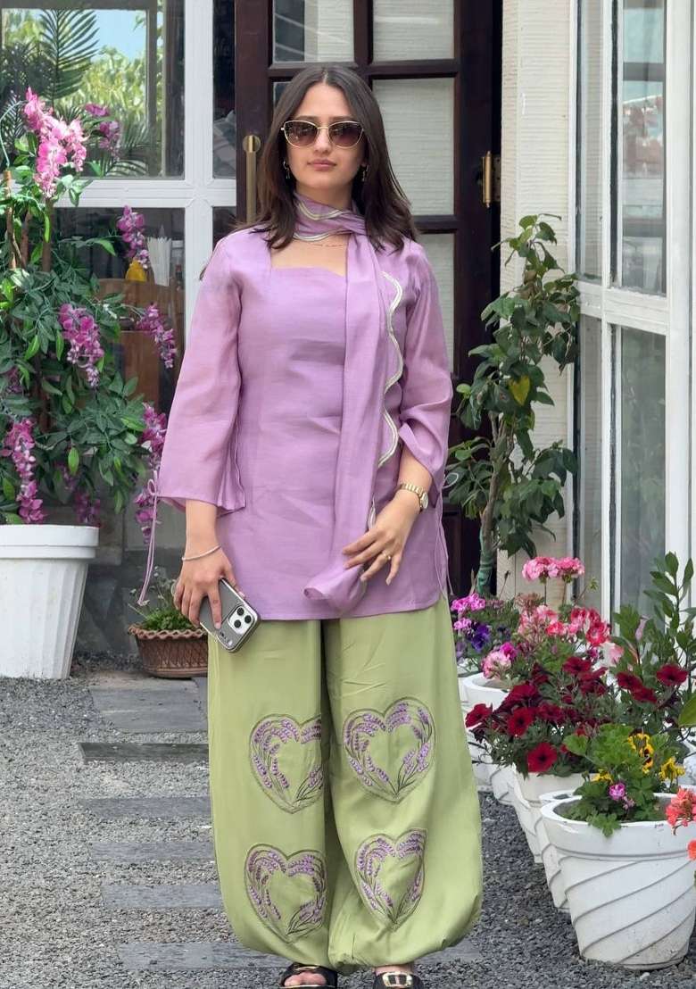 Lavender And Light Sage Green Embroidery Cotton Kurta Set - Indya