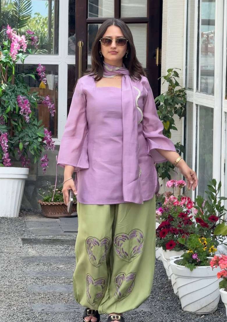 Lavender And Light Sage Green Embroidery Cotton Kurta Set - Indya