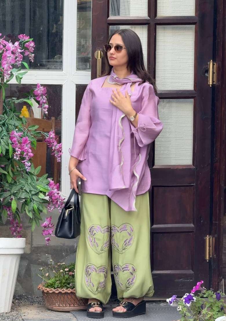 Lavender And Light Sage Green Embroidery Cotton Kurta Set - Indya