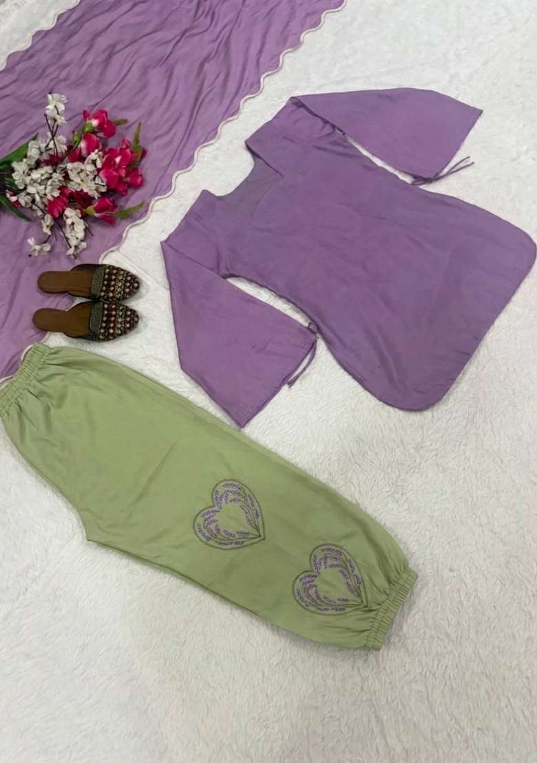 Lavender And Light Sage Green Embroidery Cotton Kurta Set - Indya
