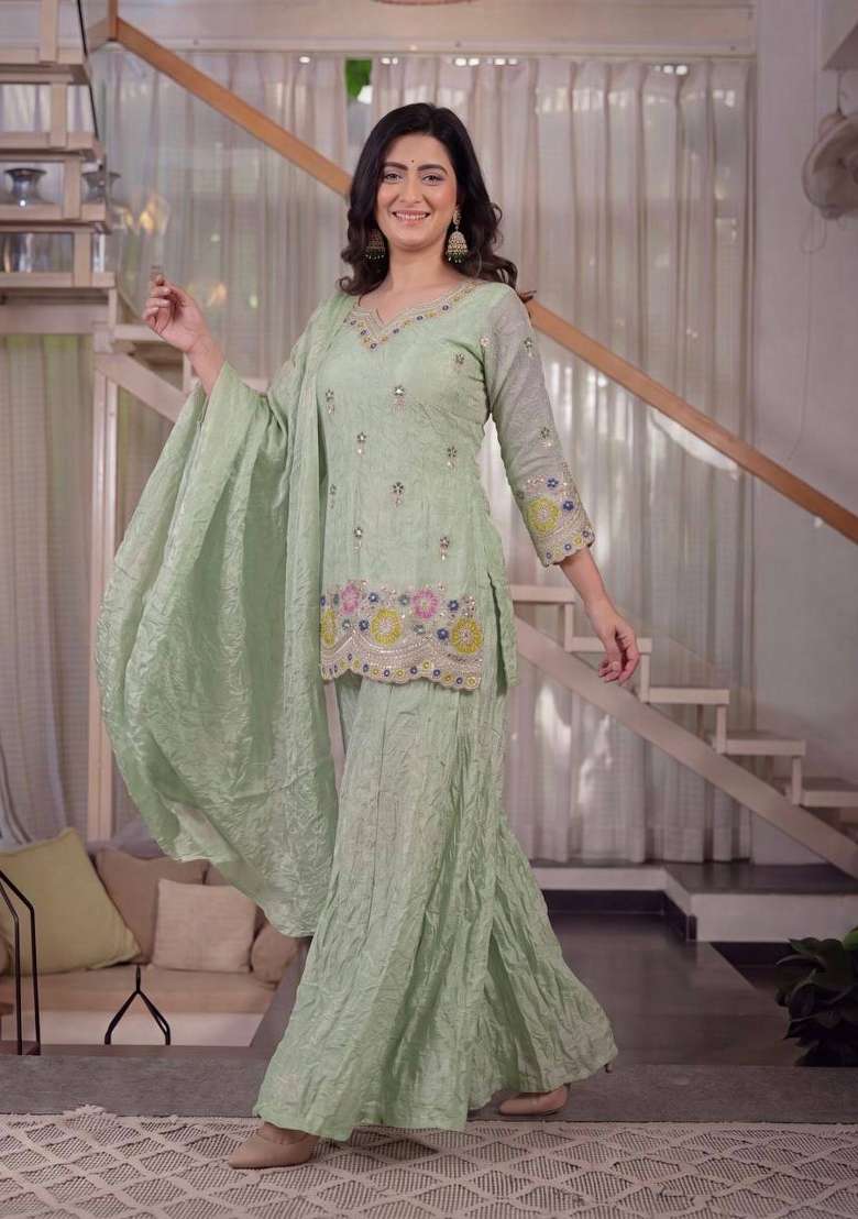 Pista Green Embroidery Fendi Palazzo Set - Indya