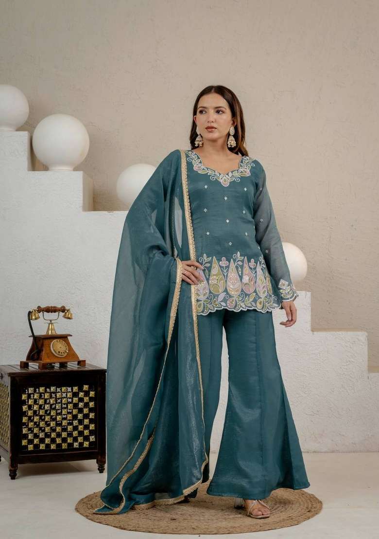 Teal Green Embroidery Silk Palazzo Set - Indya
